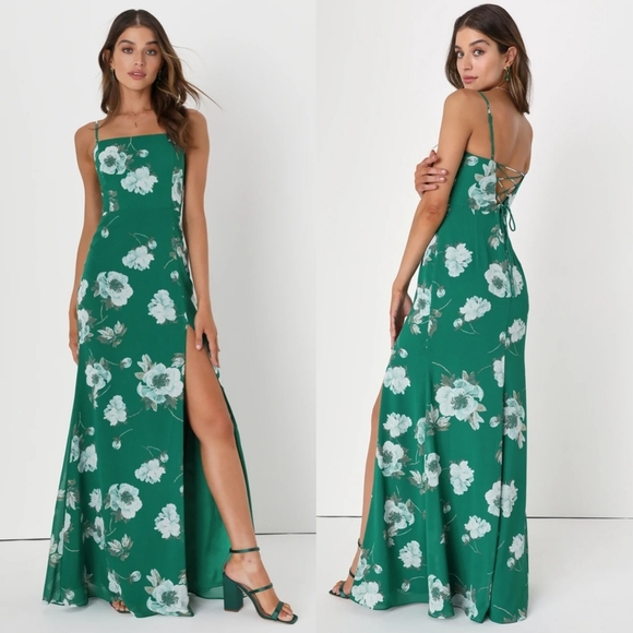 Lulus Feeling Elegant Green Floral Print Lace-Up Slit Maxi Dress S Wedding Party - Picture 1 of 11